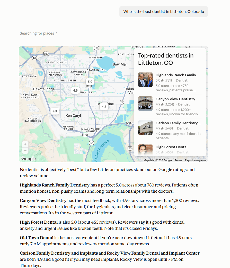 AI search result recommending local competitors